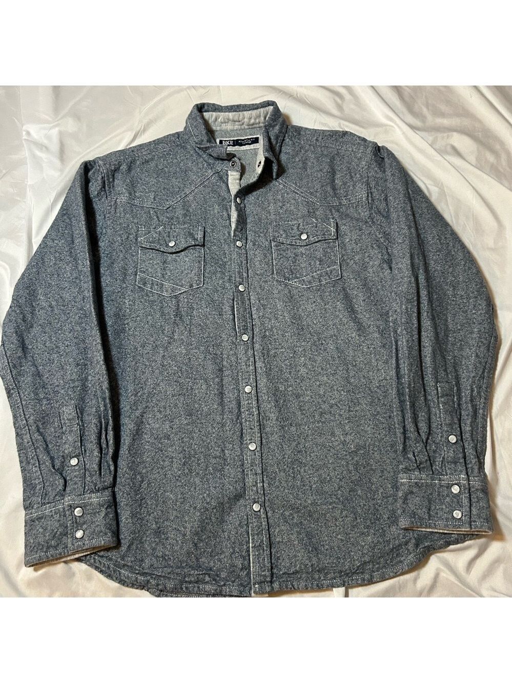 BKE Western Pearl Snap Shirt Mens XL Athletic Fit Heather Blue Flannel Thick